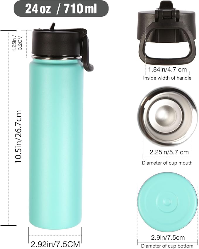Volhoply 24oz Insulated Water Bottle With Straw Bulk 3 Pack,Metal Wide Mouth Water Bottles With Handle Lid Keep Cold,Reusable Double Wall Thermos,Powder Coated Sport Bottle For Holder(Mint,3 Count)