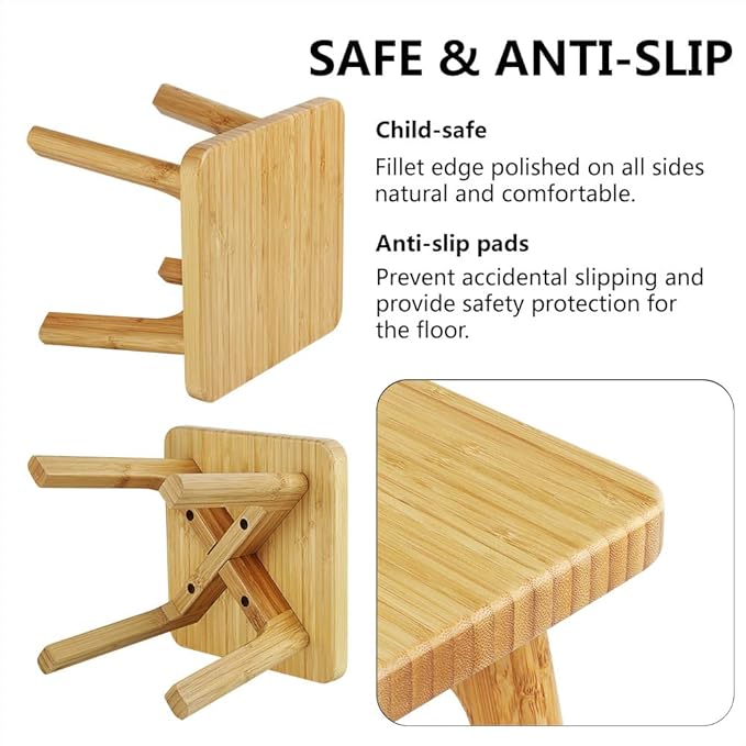 Bamboo Wood Step Stool - Foot Stool - Small Adults Kids Step Stools Anti-slip Sturdy Durable Kitchen Bathroom Bedroom Steps for High Beds Holds Up to 350lbs (Medium Square)