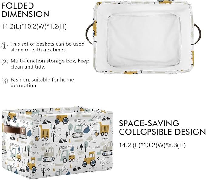 Excavator Truck Toy Storage Basket Fabric Kitchen Baskets Cars Boys Toys Open Home Storage Bins Boxes Foldable Organizer Bag for Baby Cloth Book Shelf Closet Baskets 16×12×8 Inches