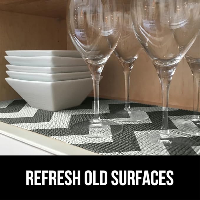 Gorilla Grip powerGRIP Drawer Shelf and Cabinet Liner, Thick Strong Hold, Non-Adhesive Liners Protect Kitchen Cabinets and Cupboard, Bathroom Drawers, Easy Install, Breathable Mat, 17.5"x10', Chevron