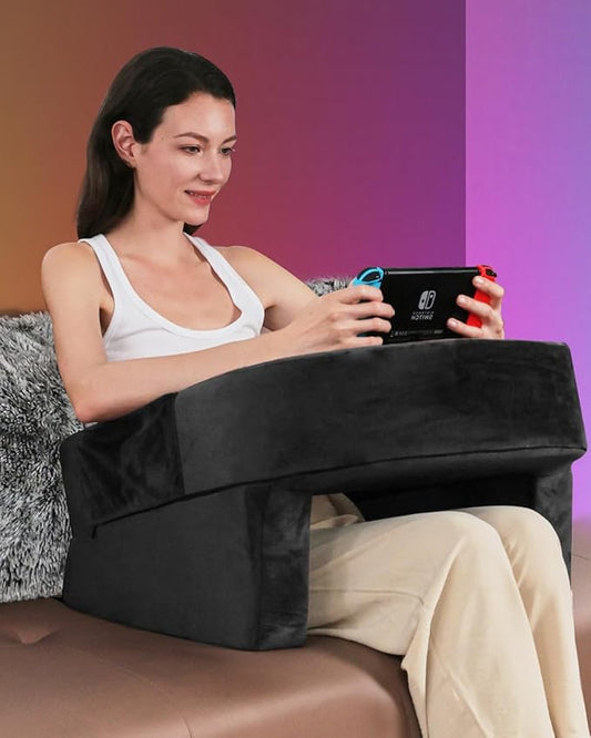 Weighted Idea Reading Pillow for Gaming, Meduim Gaming Pillow for Adult,Table Pillow with 2 Side Pockets for Gaming, Reading, Working Sitting in Bed Floor Sofa (Black)