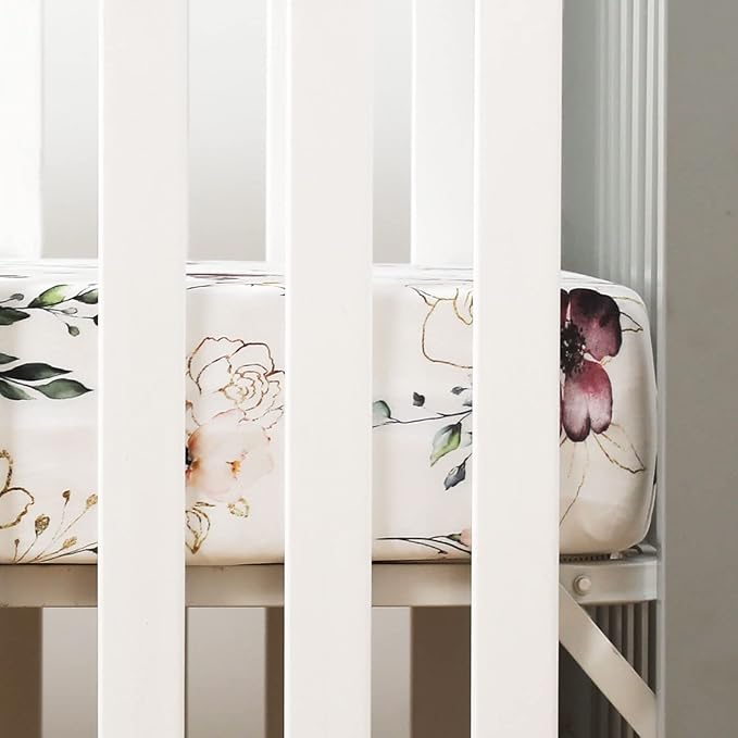 GRSSDER Stretchy Ultra Soft Jersey Knit Fitted Crib Sheets Set 2 Pack,Fits All Standard Crib Mattress Pads Safe and Snug, Pretty Purple Flora Botanical for Baby Girls