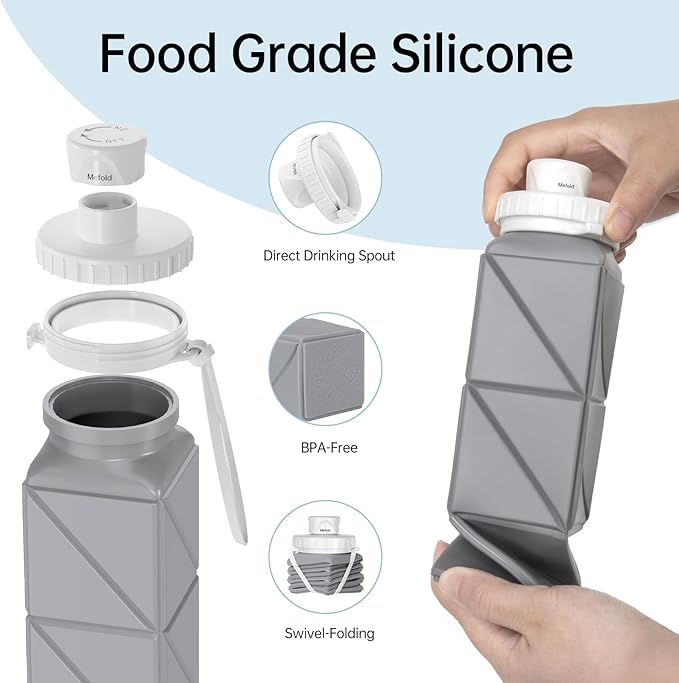 Collapsible Water Bottles,2 Pack Leakproof BPA-Free Silicone Foldable Portable Water Bottle 610ml,Lightweight 21oz Reusable Wide Mouth Water bottle for Travel Cycling Gym Camping Sports Outdoor