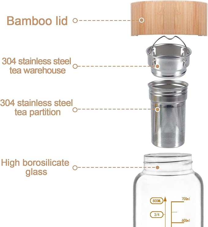 29oz Glass Water Bottle, Leak-Proof, with Stainless Steel Tea Infuser, BPA-Free, Suitable for Office, Car, Gym, and Travel, Reusable, for Hot and Cold Beverages (Circular-29oz-2pcs)