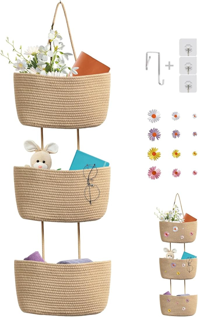 TeoKJ Over the Door Hanging Basket, 3-Tier Woven Cotton Wall-Mounted Storage Organizer with Self Adhesive Flowers Stick Decorative Hanging Nursery Baskets - Jute
