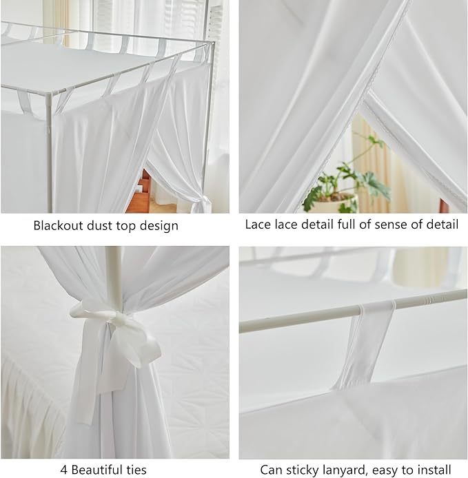 AIKASY White Canopy Bed Curtains with Top Ties and Tie Backs for Bedroom Decoration - King Size Bed Curtains with Windproof and Lightproof Features