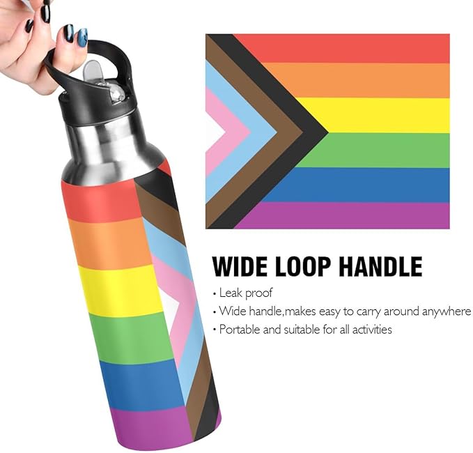 20oz Gay LGBT Progress Pride flag Sports Water Bottle,Double Wall Vacuum Insulated Stainless Steel Lesbian Water Bottle with Straw Keeps Hot& Cold, Bike Gym Travel Pride Day Month Gifts