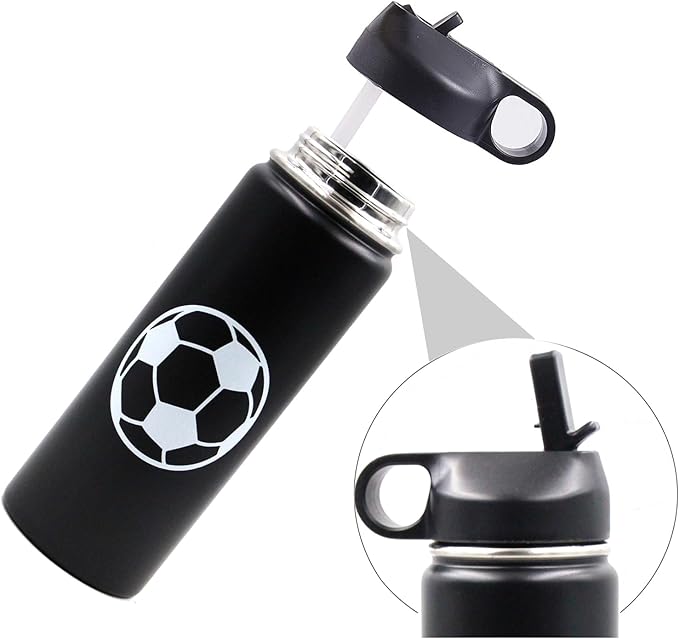 18 oz Soccer Water Bottle, Wide Mouth Travel Sports Flask with 2 Lids(Straw Lid+Flex Cap)BPA Free 18/8 Stainless Steel Double Wall Vacuum Insulated Water Bottles (18oz, Soccer)