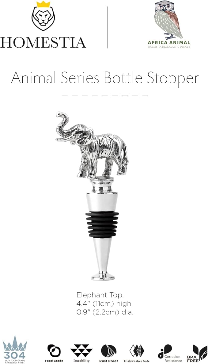 Homestia Wine Bottle Stoppers for Glass Bottles, Elephant Bottle Stopper Reusable Wine Corks Wine Tool, Zinc-Alloy Silicone Wine Stoppers, Wine Toppers with Decors