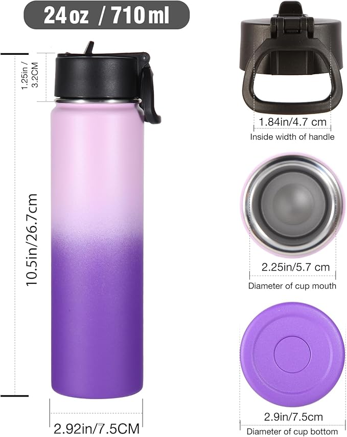 Volhoply 24oz Insulated Water Bottle With Straw Bulk 3 Pack,Metal Wide Mouth Water Bottles With Handle Keep Cold,Reusable Double Wall Thermos,Powder Coated Sport Bottle For Holder(Purple,3 Count)