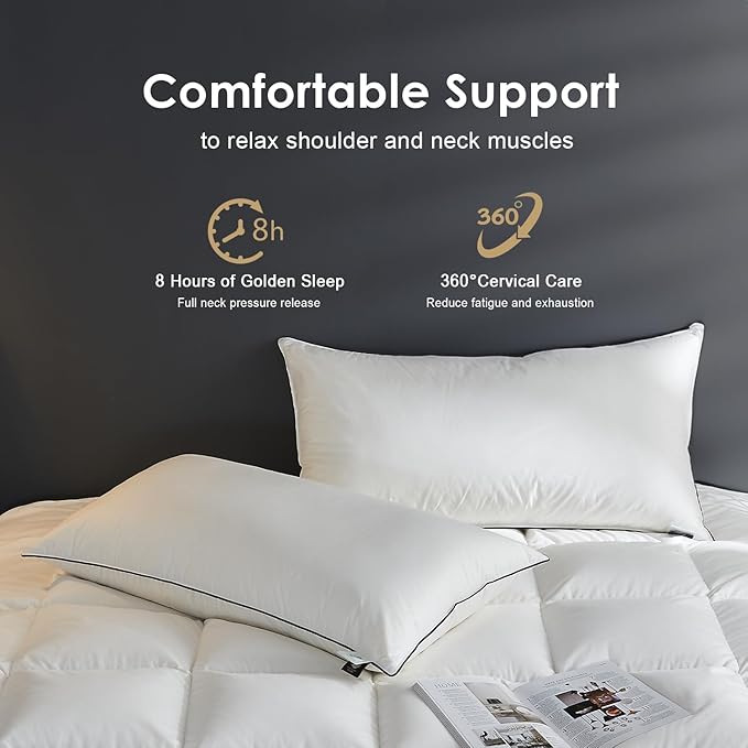 Hotel Feather Pillows Queen Size, Hybrid Goose Down Pillow Composite with Mef tek™ Memory Foam, Firm Bed Pillows with Organic Cotton Cover (White,20"x30")