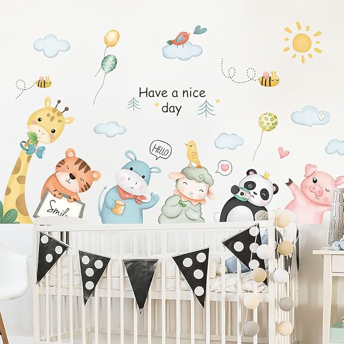 Cartoon Animals Wall Decals Animals Wall Stickers Watercolor Cloud Wall Decals Cute Balloon Animal Wall Stickers for Nursery Kids Room Playroom Decor