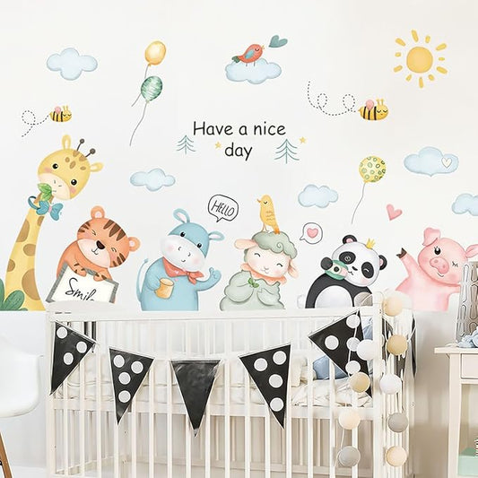 Cartoon Animals Wall Decals Animals Wall Stickers Watercolor Cloud Wall Decals Cute Balloon Animal Wall Stickers for Nursery Kids Room Playroom Decor