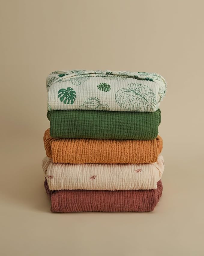 Blissful Diary Muslin Crib Sheets for Girl Boy, Boho Neutral Soft Cotton Baby Sheet for 52''x28'' Standard Crib Mattress, 2 Pack(Monstera&Dark Green)