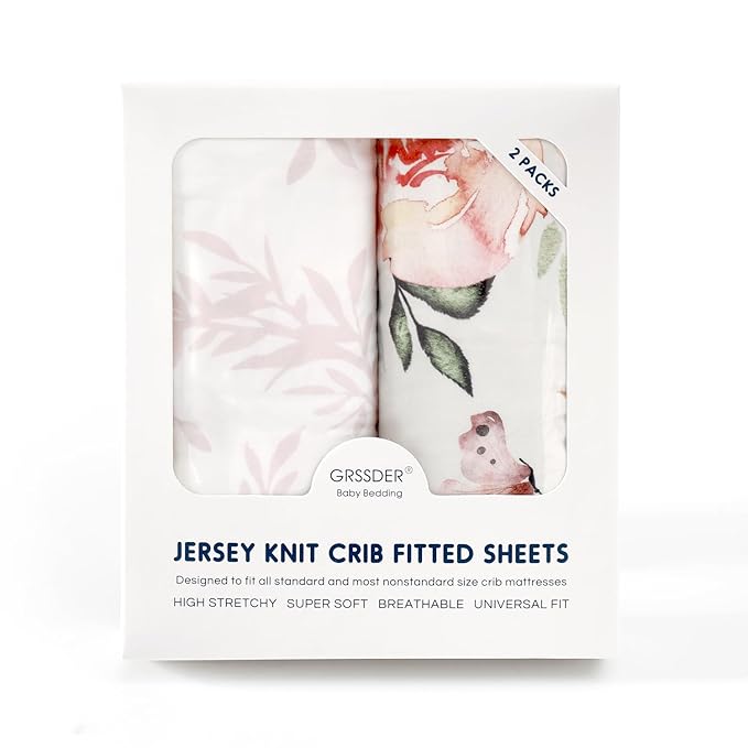 Fitted Crib Sheets Set 2 Pack, Ultra Soft Stretch Jersey Knit Crib Sheet Fit All Standard Crib Mattress Pads Safe and Snug, Crib Fitted Sheet for Baby, Beautiful Flowers and Insects Pattern