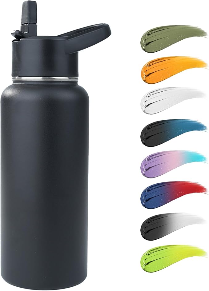 Stainless Steel Water bottle with Straw & Wide Mouth Lid, Wide Rotating Handle, 32oz Double Wall Vacuum Insulated Water Bottle Leak Proof, BPA Free, Keep Cold and Hot, 32oz, Black