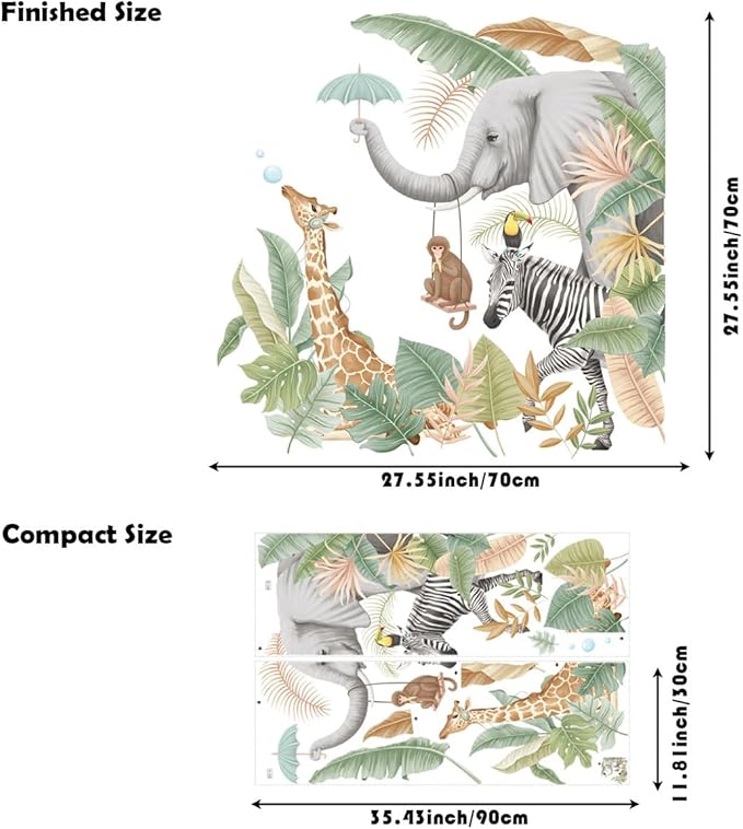 Jungle Animals Wall Stickers Wildlife Giraffe Elephant Monkey Zebra Wall Decals Tropical Plants Wall Decor for Kid Girl Baby Room Stickers Peel and Stick Wall Art Home Decor Living Room Bedroom