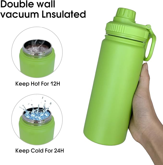 18oz Insulated Water Bottle ,Stainless Steel Sports Water Cup Flask with 2 Lids, Wide Mouth Travel Thermal Mug,Outdoor Sports Bottle(Lemon Green)