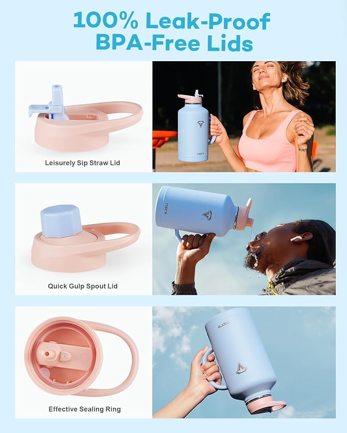 64 oz Insulated Water Bottle with Straw and Lid, Half Gallon Stainless Steel Cup with Handle,Leakproof Metal Travel Jug Flask Mug Tumbler Cup With Carry Pouch and Brush,Keep Cold & Hot,Blue