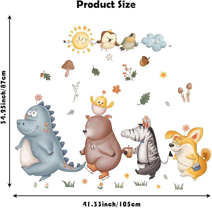 Animals Educational Wall Decals Jungle Animals Dinosaur Bear Zebra Fox Wall Stickers for Daycare Boy Room Girl Room Nursery Baby Room Bedroom Playroom