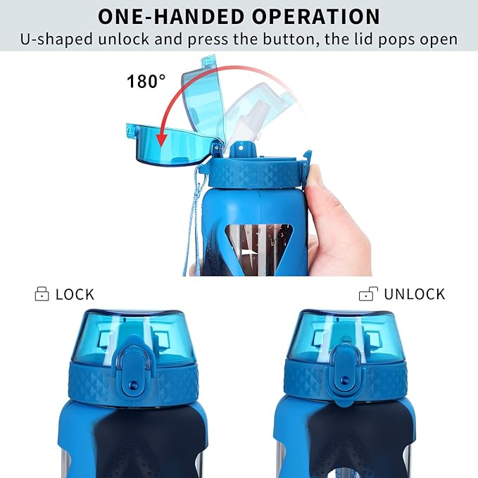 GOPPUS Glass Water Bottles with Straw and Flip Lid, Motivational Water Bottles with Time Marker Reminder and Silicone Sleeve, Leakproof, BPA Free (32 oz, Blue Mixed)