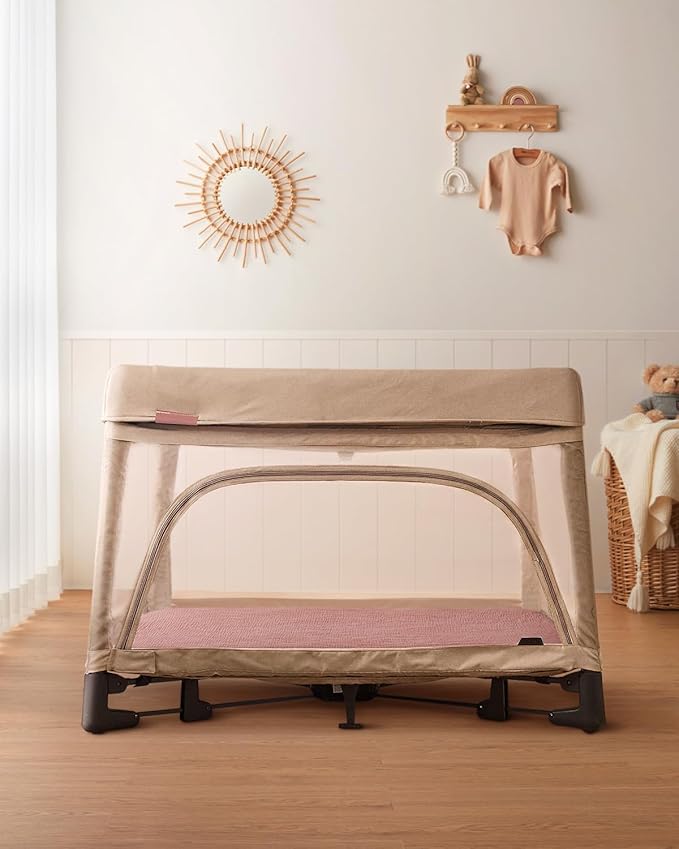 Blissful Diary Muslin Mini Crib Sheets, Pack and Play Mattress Sheets Fitted for Pack N Play, Soft Cotton for Boys Girls, 2 Pack(Dusty Pink&Cream)