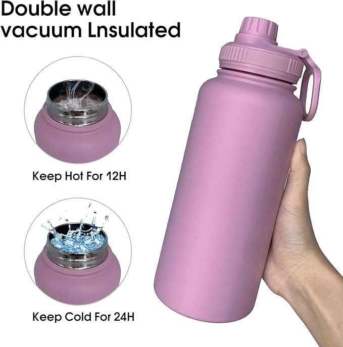 32oz Insulated Water Bottle ,Stainless Steel Sports Water Cup Flask with 2 Lids, Wide Mouth Travel Thermal Mug,Outdoor Sports Bottle(Jelly Purple)