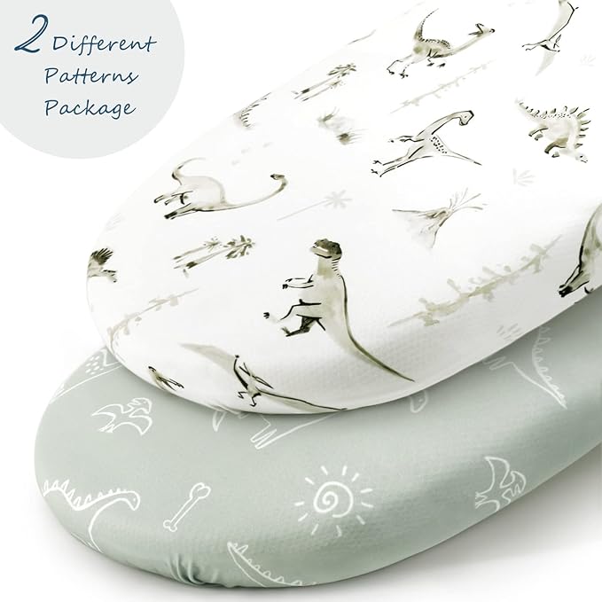 Stretch Ultra Soft Fitted Bassinet Sheet Set 2 Pack, Universal Fit for Bassinets Baby Cradle Moses Basket Oval Rectangle Mattress Safe and Snug, Dinosaur