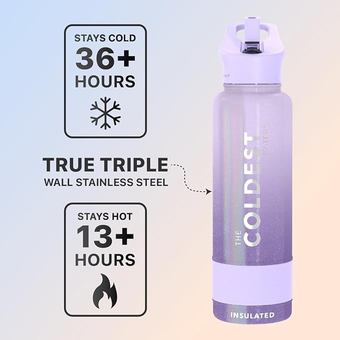 Coldest Sports Water Bottle - (Straw Lid), Leak Proof, Vacuum Insulated Stainless Steel, Hot Cold, Double Walled, Thermo Mug, Metal Canteen (40 oz, Purple OmbrΓ© Glitter)