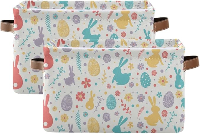 Happy Easter Day Eggs Bunny Storage Basket Fabric Laundry Baskets Easter Rabbit Peeps Spring Flowers Storage Boxes Organizer Bag for Baby Cloth Toy Book Storage Cubes Shelf Closet Bins 16×12×8 Inches