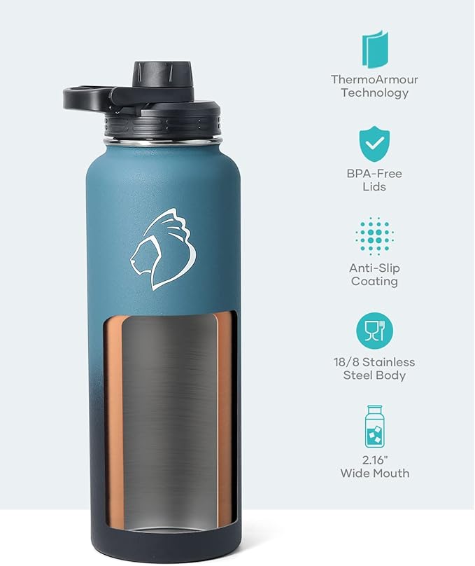 BUZIO Water Bottle with Straw lid, Spout Lid, Hand Lid and Carrying Pouch, 32oz 40oz 64oz Stainless Steel Water Flask Jug, Cold for 48 Hrs Hot for 24 Hrs Double Vacuum Thermo Canteen Mug, BPA-Free