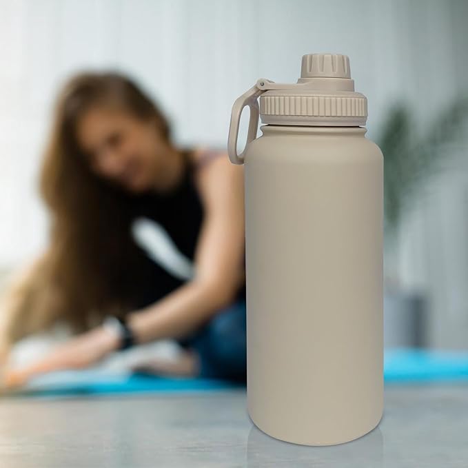 32oz Insulated Water Bottle ,Stainless Steel Sports Water Cup Flask with 2 Lids, Wide Mouth Travel Thermal Mug,Outdoor Sports Bottle(Cream apricot)