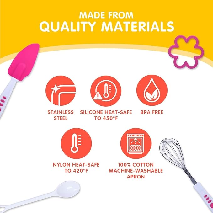 Curious Chef 11-Piece Pink and Green Chef's Kit for Kids, includes Real Cooking and Baking Tools, Dishwasher Safe and Made with BPA-Free Plastic