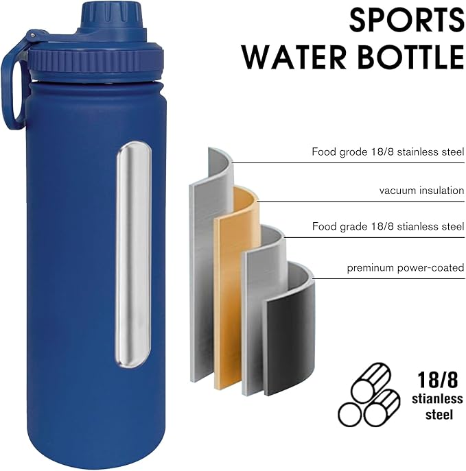 22oz Insulated Water Bottle ,Stainless Steel Sports Water Cup Flask with 2 Lids, Wide Mouth Travel Thermal Mug,Outdoor Sports Bottle(Dark Blue)