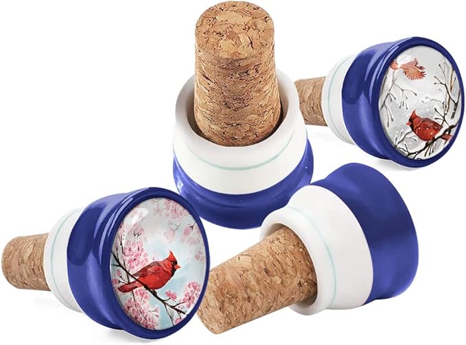 WIRESTER Set of 4 Ceramic Cork Decorative Wine Bottle Stoppers For Bar, Holiday, Party, Wedding - Red Cardinal Birds