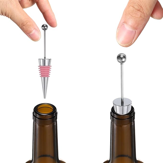 uxcell 10 Pcs Bead Wine Bottle Corks, Wine Stopper Cork, Wine Stopper, Reusable Wine Bottle Corks Sealing Plug Bottle for Beverage Holiday Party Bar,Silver/Pink