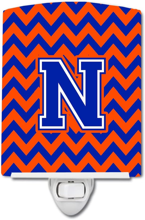 Caroline's Treasures CJ1044-NCNL Letter N Chevron Orange and Blue Ceramic Night Light Compact, UL-Certified, Ideal for Bedroom, Bathroom, Nursery, Hallway, Kitchen, 6x4x3, Multicolor