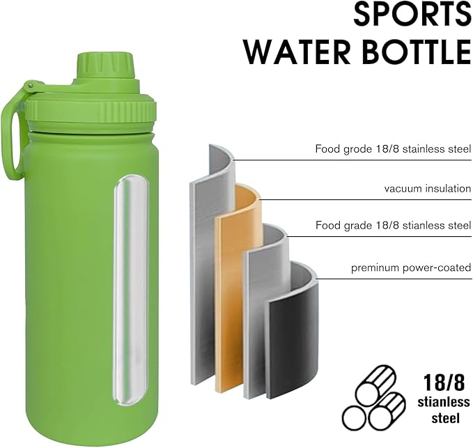 18oz Insulated Water Bottle ,Stainless Steel Sports Water Cup Flask with 2 Lids, Wide Mouth Travel Thermal Mug,Outdoor Sports Bottle(Lemon Green)