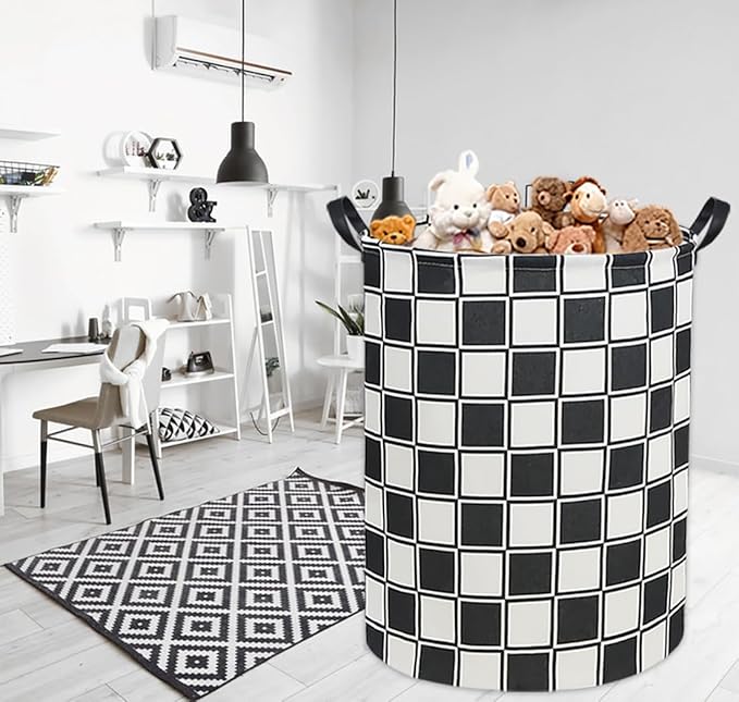 Checkerboard Kids Laundry Basket Baby Hamper Balck White Checkered Toy Storage Bin for Boys Room Decor Baby Nursery Hamper Gift Baskets for Bedroom Bathroom(Balck White Checkered)
