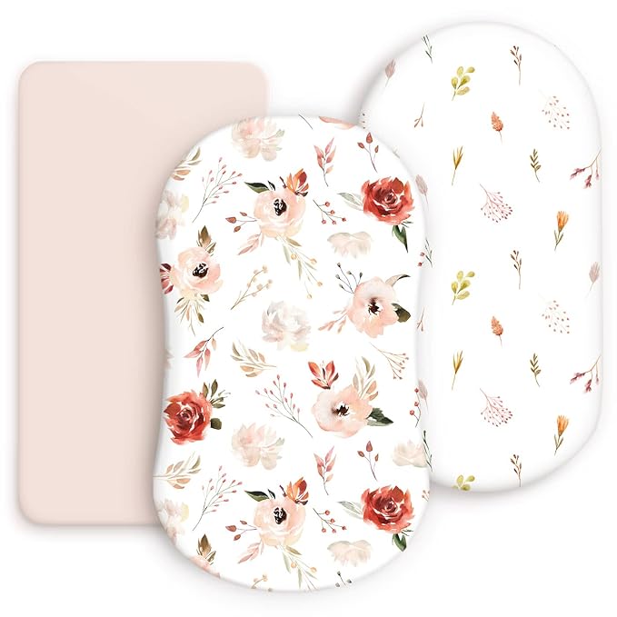 Stretchy Ultra Soft Bassinet Fitted Sheets 3 Pack, Universal Fitted for Bassinets Oval Rectangle Mattress, Pretty Bassinet Sheets for Baby Girls, Watercolor Rose Flora Orange Pink