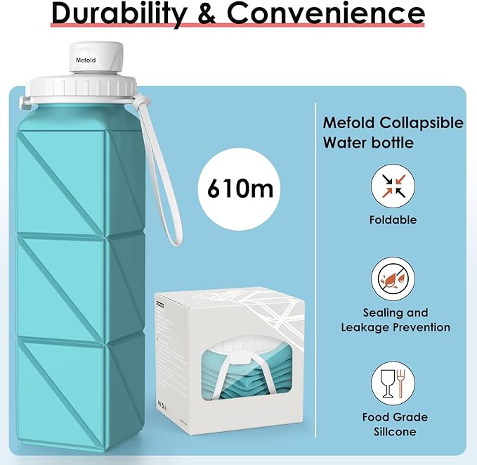 Collapsible Water Bottles,2 Pack Leakproof BPA-Free Silicone Foldable Portable Water Bottle 610ml,Lightweight 21oz Reusable Wide Mouth Water bottle for Travel Cycling Gym Camping Sports Outdoor