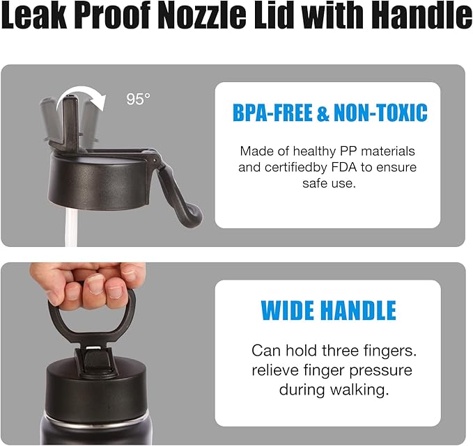 Volhoply 24oz Insulated Water Bottle With Straw Bulk 3 Pack,Metal Wide Mouth Water Bottles With Handle Lid Keep Cold,Reusable Double Wall Thermos,Powder Coated Sport Bottle For Holder(Black,3 Count)