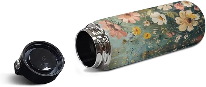 Floral Print Insulated Water Bottle for Women Stainless Steel Sports Water Flask Cup Portable Handle Hot and Cold Water Bottle, 18 Oz