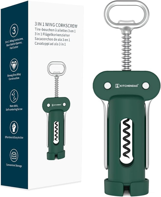 KITCHENDAO 3 in 1 Wing Corkscrew Wine Bottle Opener with Foil Cutter, Built-in Beer Bottle Opener, Multifunctional Wine Opener with Non-Stick Sharp Screw,Easy to Use, Manual Wine Corkscrew,Green