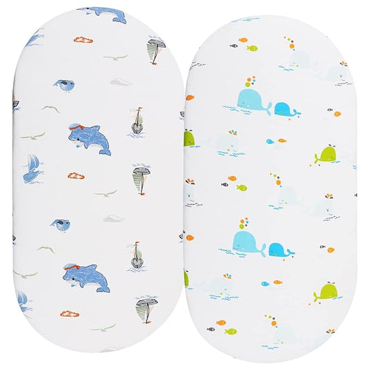 Bassinet Sheets Compatible with Dream On Me Karley (Plus Portable) Bassinet, Chicco LullaGo Portable and ANGELBLISS 3 in 1 Rocking, 2 Pack, 100% Jersey Knit Cotton 190GSM, Ultra Soft, Dolphin & Whale