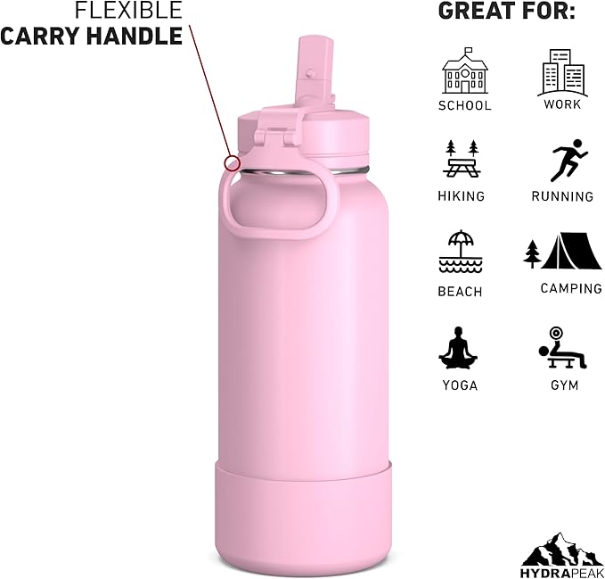Hydrapeak 32oz Sport Insulated Water Bottle with Straw or Chug Lid, Leak & Spill Proof, Keeps Drinks Cold for 24 Hours, Hot for 12 Hours, Premium Stainless Steel Water Bottles (32oz, Pink)