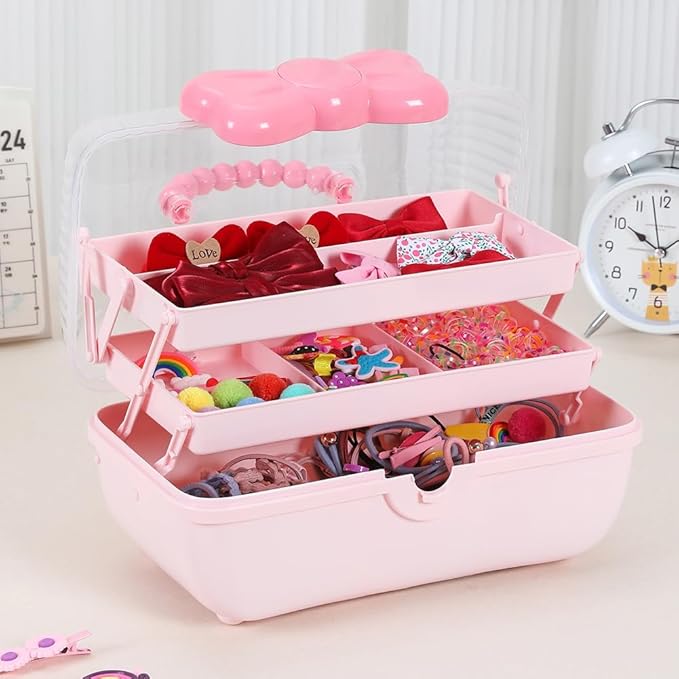 Hair Accessories Organizer for Girls Headbands, Clips, Ties Baby Girl Supplies, Lockable Three-layer Folding Craft Organizers and Storage Plastic Jewelry Box,10.8 * 5.9 * 5.7in (Pink)