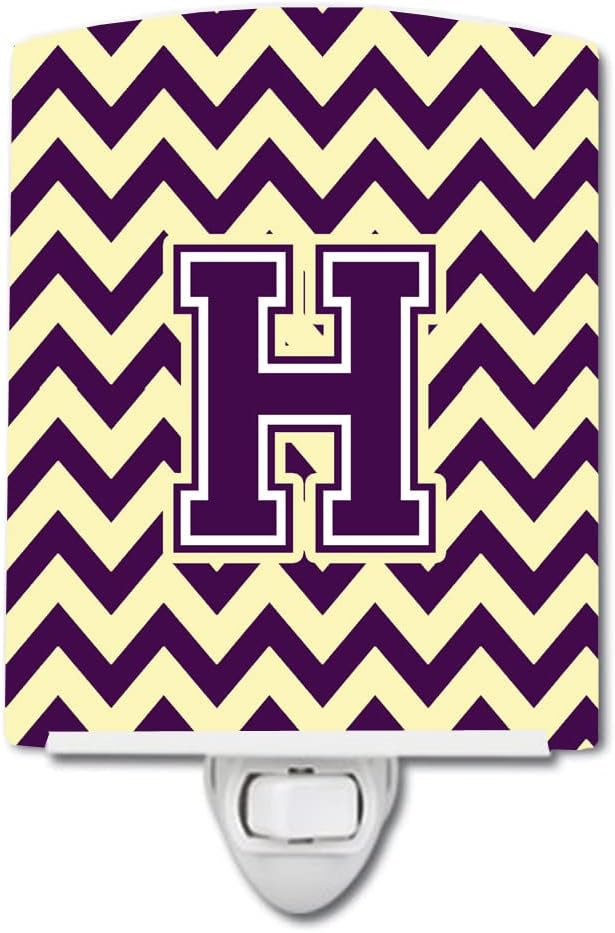 Caroline's Treasures CJ1058-HCNL Letter H Chevron Purple and Gold Ceramic Night Light Compact, UL-Certified, Ideal for Bedroom, Bathroom, Nursery, Hallway, Kitchen, 6x4x3, Multicolor