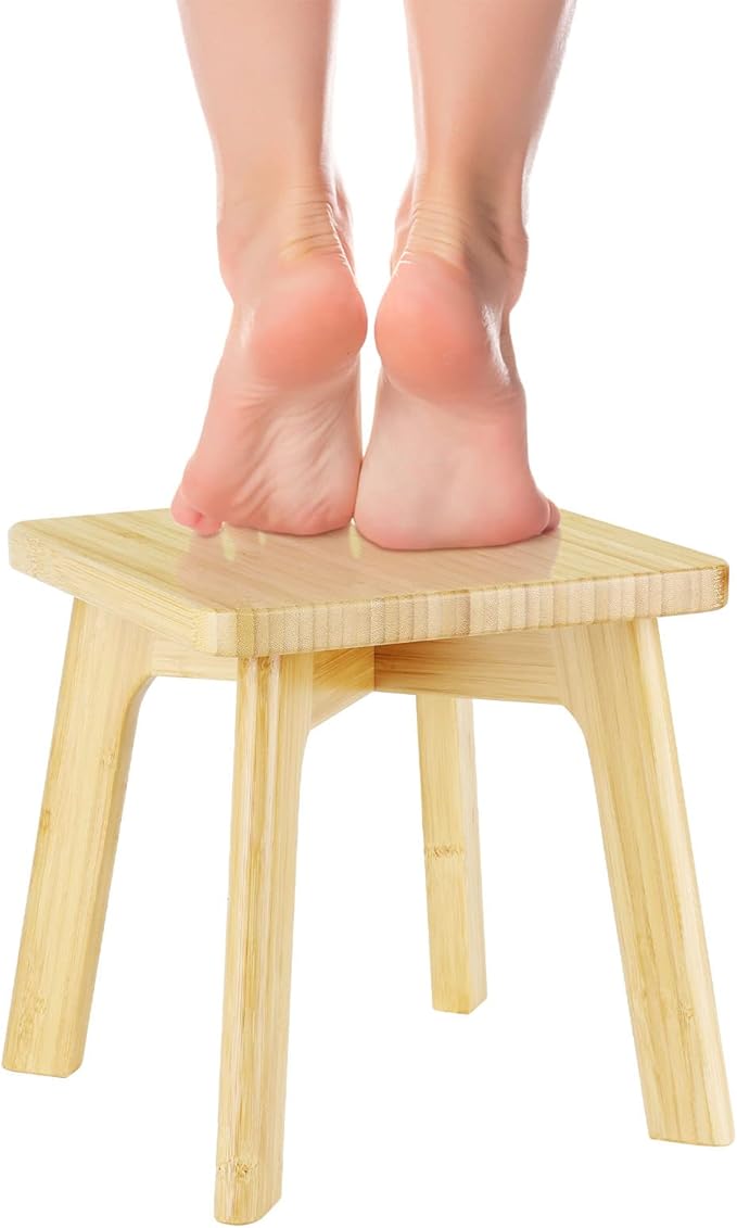 Bamboo Wood Step Stool - Foot Stool - Small Adults Kids Step Stools Anti-slip Sturdy Durable Kitchen Bathroom Bedroom Steps for High Beds Holds Up to 350lbs (Medium Square)