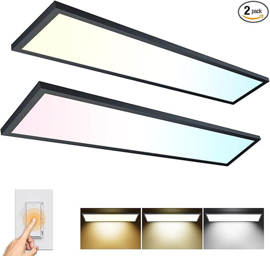 AIKVSXER 1x4 LED Flat Panel Light CPANL Surface Mount LED Ceiling Light Black, 5500LM 50W TRIAC 10-100% Dimmable, 3000/4000/5000k Selectable 120V LED Light Fixture for Kitchen/Laundry/Garage 2PACK